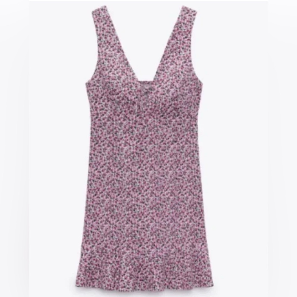 Zara Pink Floral V-Neck Mini Linen Dress Sz M NWOT